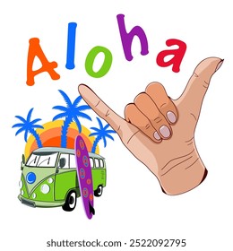 Mão de Shaka com prancha de surf e letras aloha. Ilustração vetorial.
