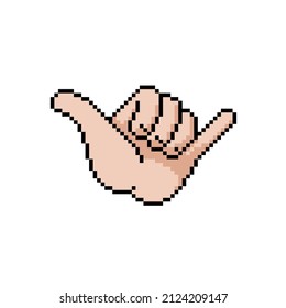 Shaka hand vector sign. Hang loose symbol. Pixel art.