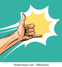 Shaka sign gesture comic book pop art, vector illustration