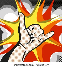 shaka sign gesture isolated comic book pop art. vector illustration