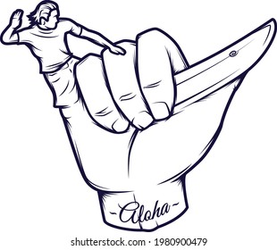 Shaka sign hand man on surf line vector illustration 
