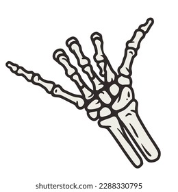 Shaka skeleton hand sign for halloween or Hawaii design. Hand bones gesture for surfing. Vector graphic element for tattoo of surfer and hawaiian.