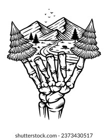 shaka skull hand and mountain view