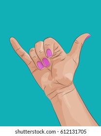 Shaka surf hand sign. Woman's hand with pink fingernails on blue background. Vector illustration