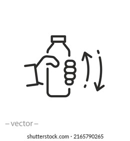shake the bottle well, shaker icon, hand holding drink, thin line symbol on white background - editable stroke vector illustration