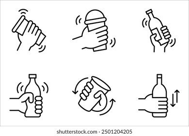 shake the bottle well, shaker icon set, hand holding drink, vector illustration on white background