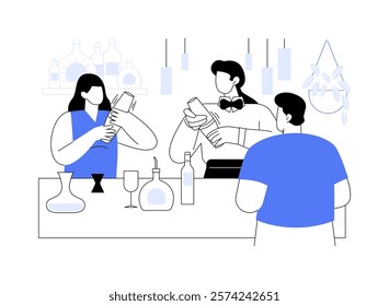 Shake cocktail isolated cartoon vector illustrations. Smiling girl shaking cocktail at the master class, workshop activity, weekend bartenders pop-up classes, mixing process vector cartoon.