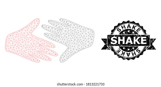 Shake corroded seal imitation and vector fair trade handshake mesh structure. Black stamp seal includes Shake title inside ribbon and rosette. Abstract flat mesh fair trade handshake,