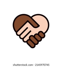 Shake hand in heart shape. Black and white human hands together. No to racism concept. Vector stock