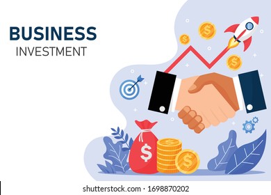 shake hand landing page template of business investment. vector illustration flat design. Agreement and finance concept.  Financial goals and profits. pile of money and a rocket chart up.