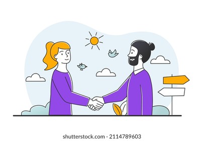 Agitar el concepto de las manos. El hombre y la niña se saludan, los personajes concluyen el acuerdo. Exitosas negociaciones entre empresarios e inversionistas, empresarios. Gente feliz. Dibujo vectorial plano de dibujos animados