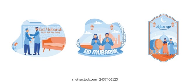 Shake hands and forgive each other. A Muslim couple is saying Eid al-Fitr greetings. Muslim children welcome Eid al-Fitr. Happy Eid Mubarak concept. Set flat vector illustration.