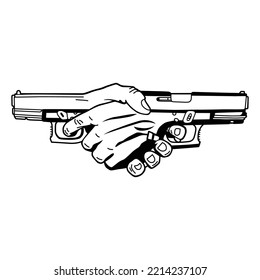 Shake Hands With The Gun.vector Illustration.hand Drawn Picture Isolated On White Background.modern Typography Design Perfect For T Shirt,poster,banner,tattoo,etc.linear Style.