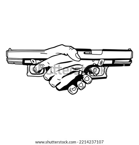 shake hands with the gun.vector illustration.hand drawn picture isolated on white background.modern typography design perfect for t shirt,poster,banner,tattoo,etc.linear style.