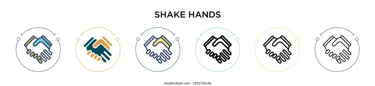 Shake hands icon in filled, thin line, outline and stroke style. Vector illustration of two colored and black shake hands vector icons designs can be used for mobile, ui, web