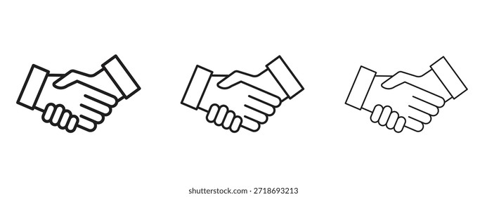Conjunto de pictogramas negros con el logotipo del icono de Shake hands. arte de contorno de línea delgada.