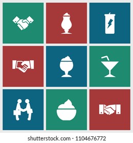 Shake icon. collection of 9 shake filled icons such as milkshake, handshake, businessman shaking hands, protein powder. editable shake icons for web and mobile.