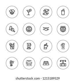 Shake icon set. collection of 16 outline shake icons with bar, blender, cocktail, deal, drink, friends, hand, hands, handshake icons.