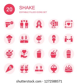 shake icon set. Collection of 20 filled shake icons included Peace, Friends, Hand, Shake, Ice cream, Friendship, Drink, Protein shake