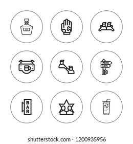 Shake icon set. collection of 9 outline shake icons with bar, brandy, friends, hand, friendship, ice coffee icons. editable icons.