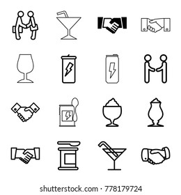Shake icons. set of 16 editable outline shake icons such as handshake, cocktail, milkshake, protein powder, businessman shaking hands