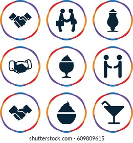 Shake icons set. set of 9 shake filled icons such as Cocktail, handshake, milkshake, businessman shaking hands