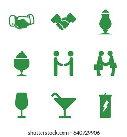 Shake icons set. set of 9 shake filled icons such as cocktail, handshake, milkshake, businessman shaking hands, shaking hands