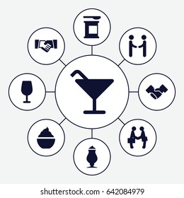 Shake icons set. set of 9 shake filled icons such as cocktail, milkshake, businessman shaking hands, handshake, shaking hands