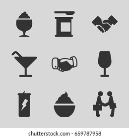 Shake icons set. set of 9 shake filled icons such as cocktail, handshake, milkshake, businessman shaking hands