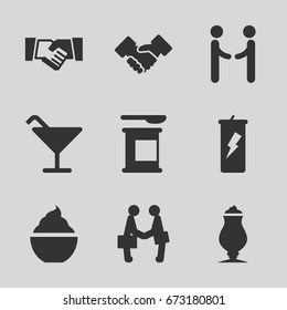 Shake icons set. set of 9 shake filled icons such as cocktail, milkshake, businessman shaking hands, handshake, shaking hands