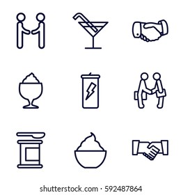 shake icons set. Set of 9 shake outline icons such as Cocktail, handshake, milkshake, businessman shaking hands, shaking hands