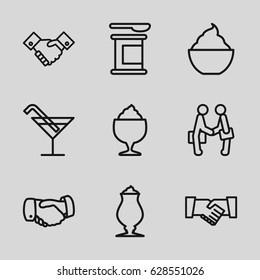 Shake icons set. set of 9 shake outline icons such as Cocktail, handshake, milkshake, businessman shaking hands