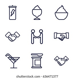 Shake icons set. set of 9 shake outline icons such as cocktail, milkshake, handshake, shaking hands