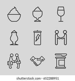 Shake icons set. set of 9 shake outline icons such as cocktail, milkshake, handshake, businessman shaking hands, shaking hands