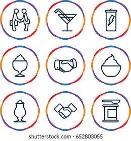 Shake icons set. set of 9 shake outline icons such as cocktail, handshake, milkshake, businessman shaking hands
