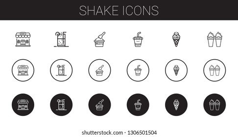 shake icons set. Collection of shake with bar, soft drink, ice cream, drink. Editable and scalable shake icons.