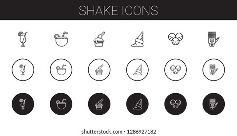 shake icons set. Collection of shake with cocktail, ice cream, hand. Editable and scalable shake icons.