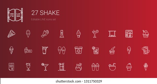 shake icons set. Collection of shake with cocktail, ice cream, soft drink, wedding contract, vodka, bar, negotiation, milkshake, hand. Editable and scalable shake icons.