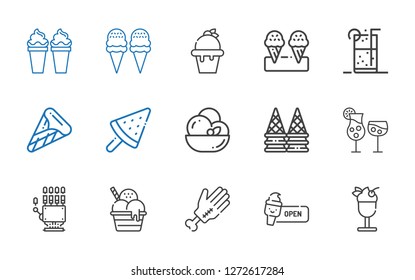 shake icons set. Collection of shake with ice cream, hand, cocktails, soft drink. Editable and scalable shake icons.