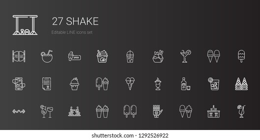 shake icons set. Collection of shake with ice cream, hand, agreement, cocktails, bars, vodka, wedding contract, negotiation, cocktail, smoothie. Editable and scalable shake icons.