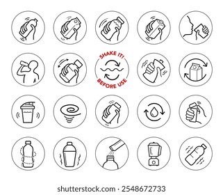 Shake icons set. Set for package, shows user instruction. The outline icons are well scalable and editable. Contrasting vector elements are good for different backgrounds. EPS10.