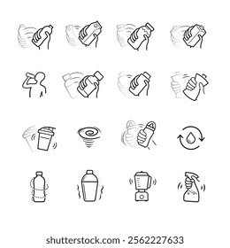 Shake icons set. Set for package, shows user instruction. The outline icons are well scalable and editable. Contrasting vector elements are good for different backgrounds. EPS10.