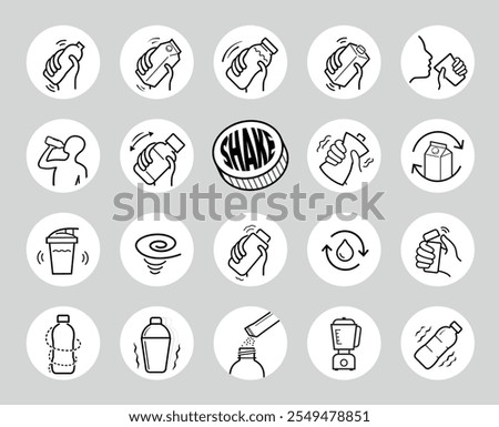 Shake icons set. Set for package, shows user instruction. The outline icons are well scalable and editable. Contrasting vector elements are good for different backgrounds. EPS10.
