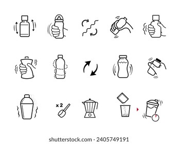 Shake icons set. Vector elements isolated on white background with high contrast. Set for package, shows user instruction. EPS10.	