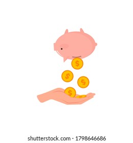 Shake money out of the piggy bank into your hand. Vector illustration, flat cartoon design, isolated on white background, eps 10.