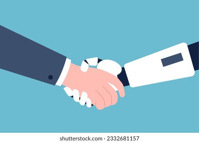 Shake robot hand, handshake human and android. Contract with artificial intelligence, technology professional partnership recent vector concept