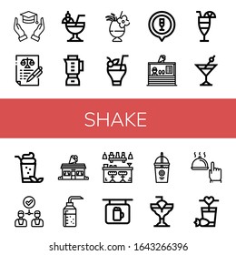 shake simple icons set. Contains such icons as Hands, Agreement, Cocktail, Blender, Ice cream shop, Alcohol, Bar, Smoothie, Hand, can be used for web, mobile and logo