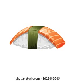 Shake sushi vector illustration. Sushi with raw salmon slice on top. Realistic sushi design isolated on white background. Design for japanese cuisine menu, advertising, restaurant poster and banner.