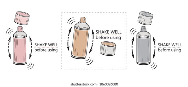 Shake Well Before Using Icon Set. Aerosol Spray Bottle With Direction Arrows. Liquid That Requires Shaking. Label Packaging Of Paint, Air Freshener, Cosmetics, Household Chemicals Products. Vector