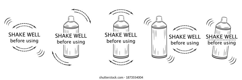 Shake well before using icon set. Shaker bottle outline with arrows and text. Symbol for packaging of spray aerosol сan, drinks, medicines, cosmetics or household chemicals product. Vector on white